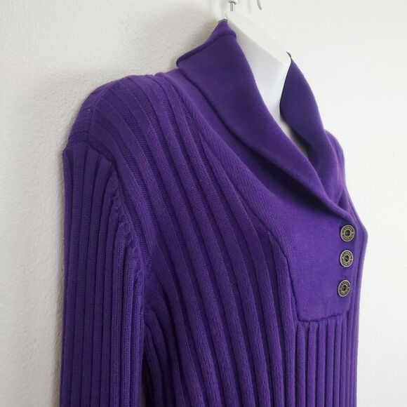 Lauren Jeans Co Women's Sweater Medium Purple Pullover Ribbed Knit Shawl Collar - Picture 4 of 8